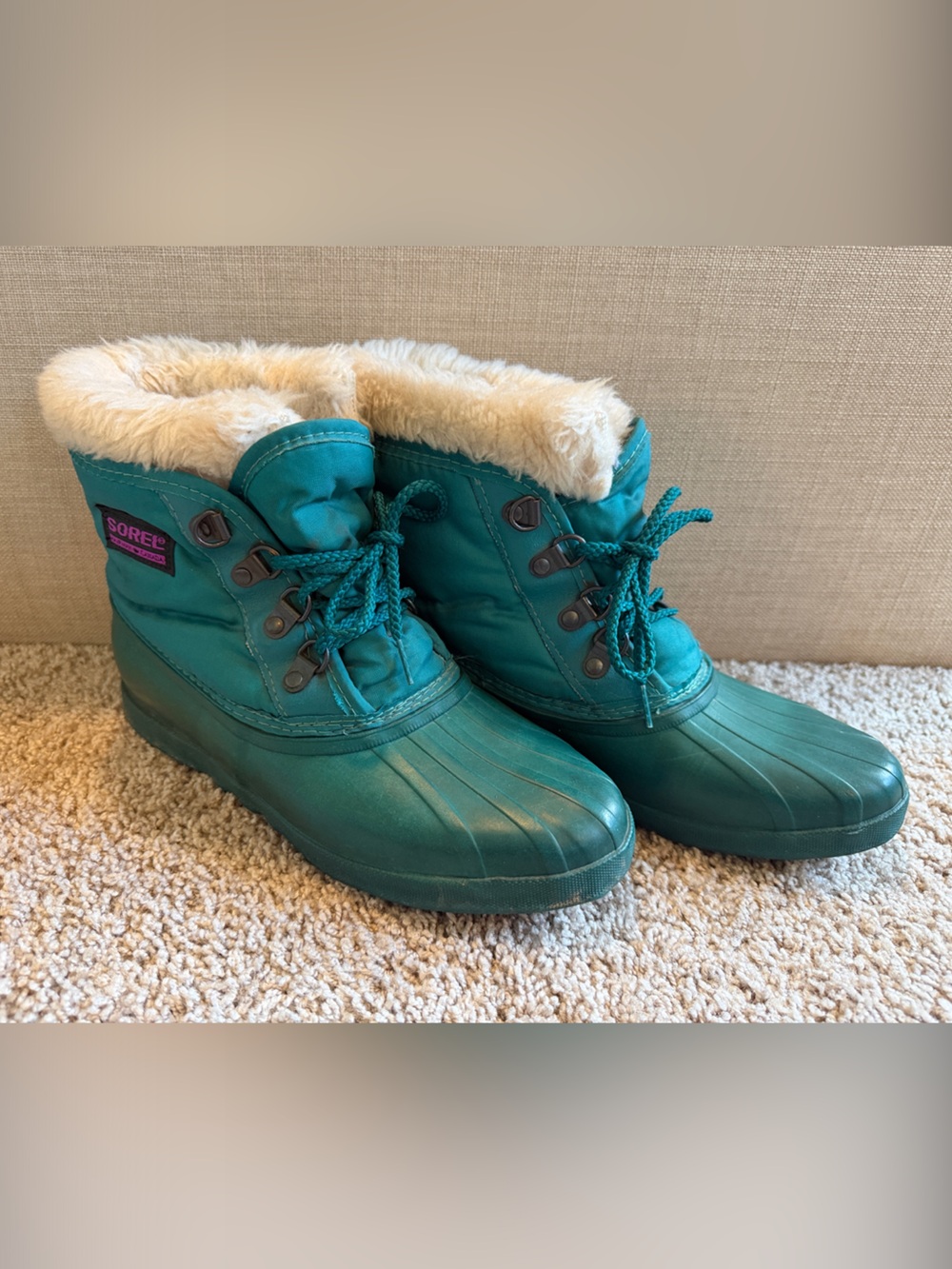 Sorel Vintage Teal Lace-Up Winter Rain Duck Boots with Faux Fur Trim Size 9